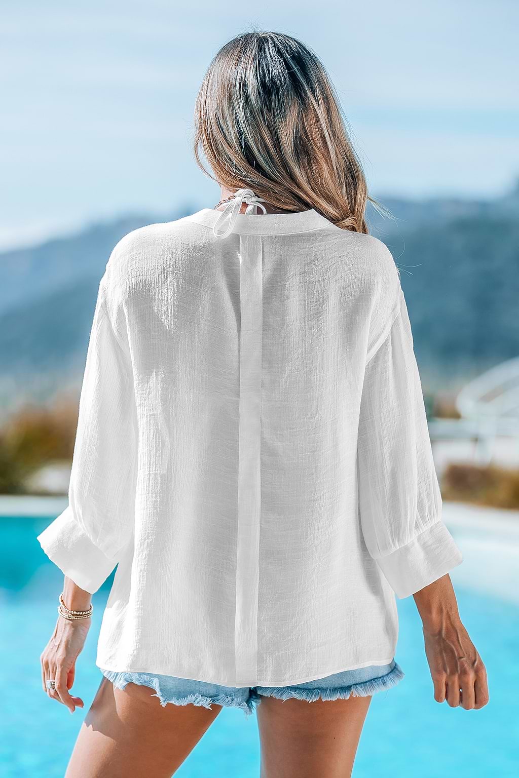 Cover-up top met kraag en V-hals met blousonmouwen