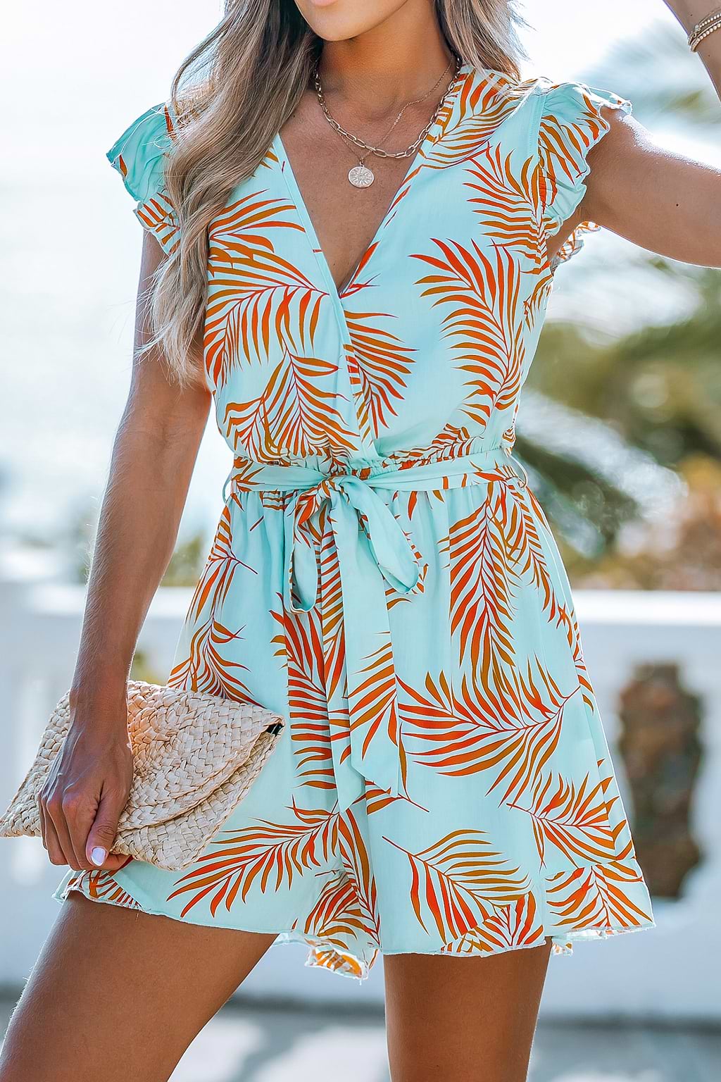 Teal & Orange Tropical Flutter Sleeve Playsuit