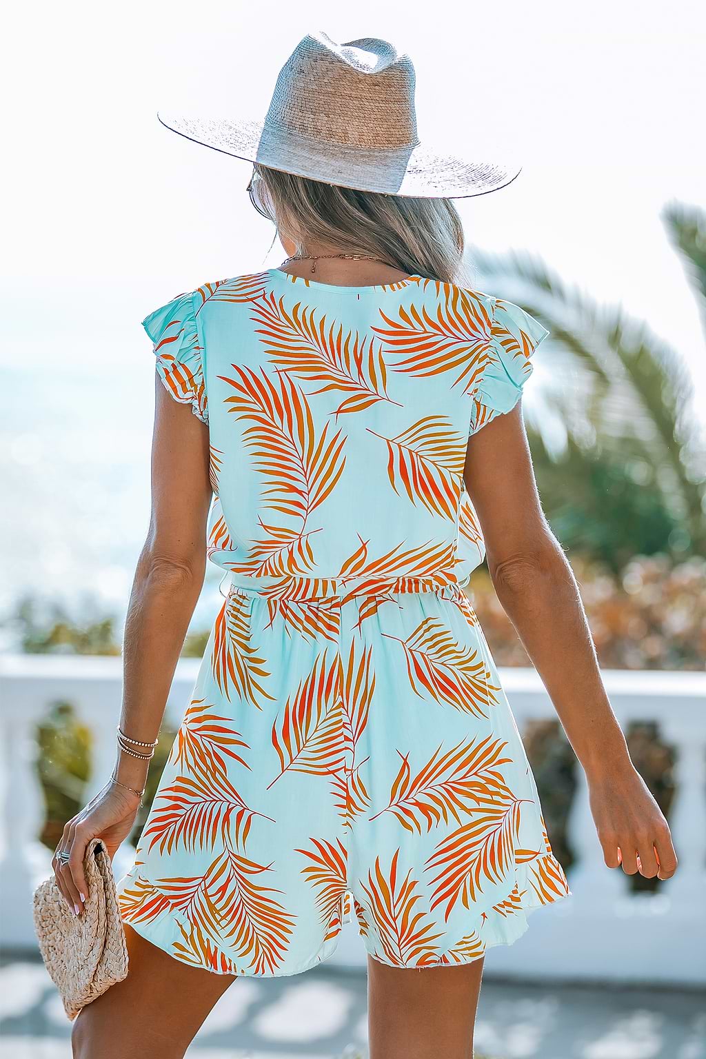 Teal & Orange Tropical Flutter Sleeve Romper