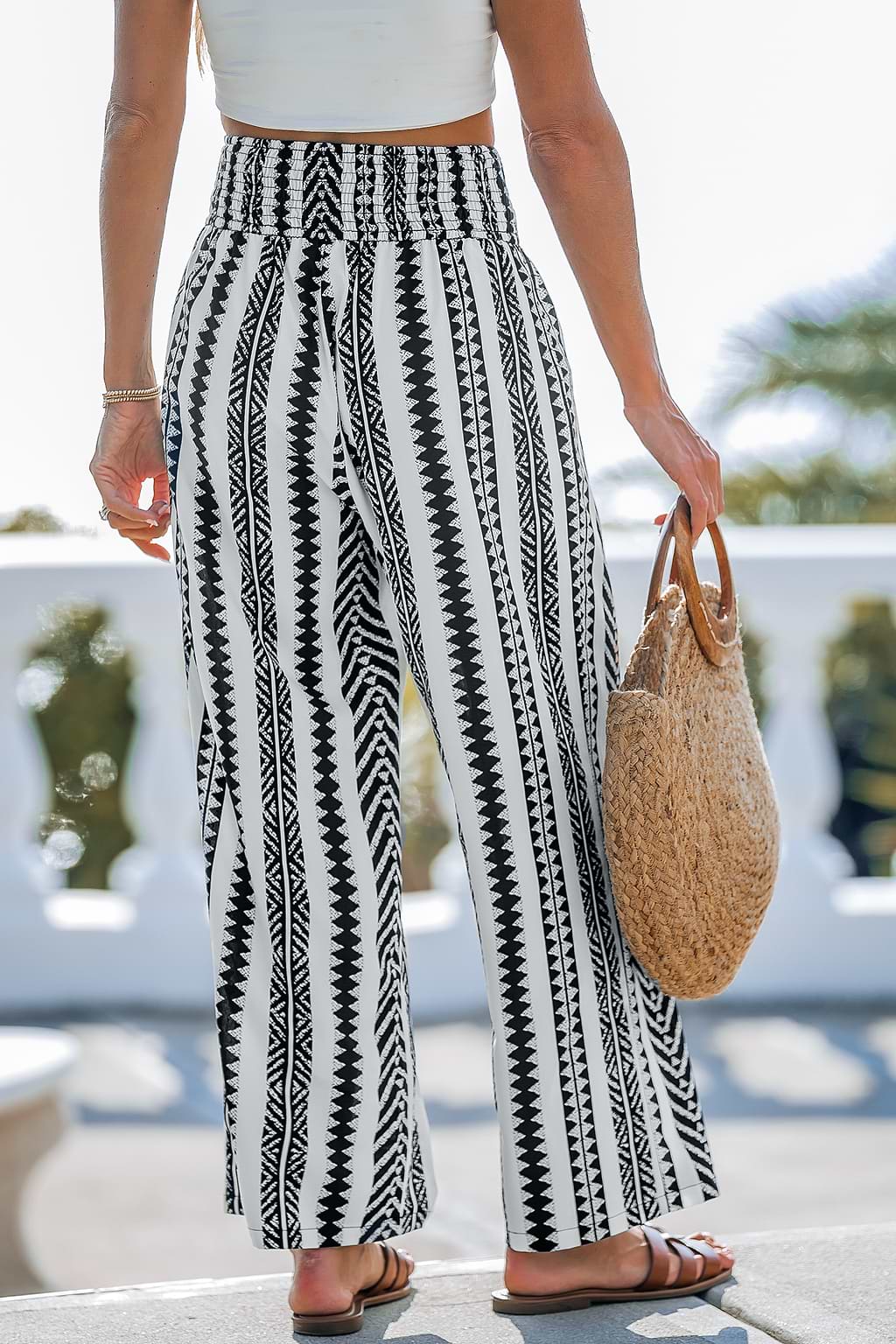 Zwart-wit gesmokte taille Geo-broek