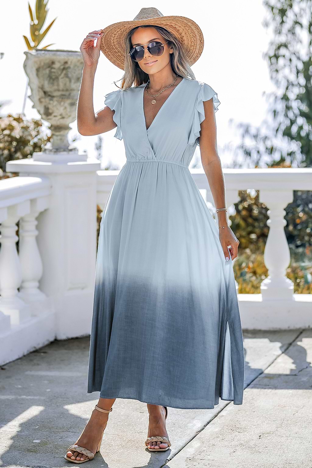 Slate Ombre Plunging Maxi Dress