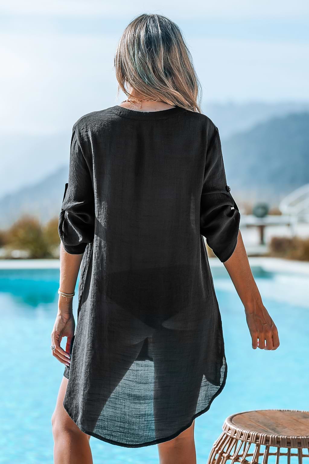 Black Button-Up V-Neck Mini Cover-Up