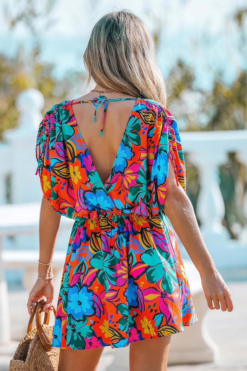 Vibrant Tropical Surplice Mini Dress