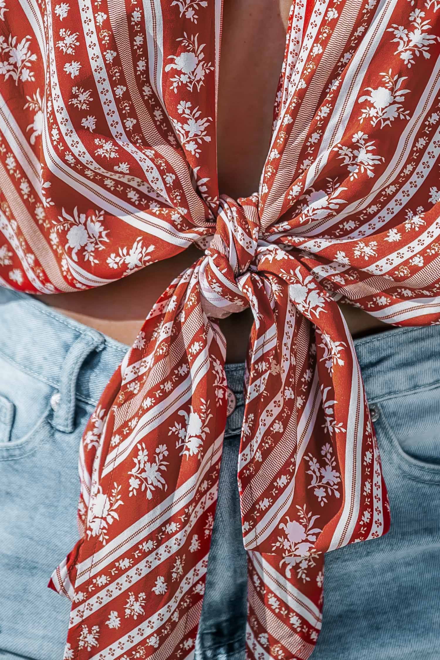 Red Open Front Tie-Waist Boho Cover-Up Top
