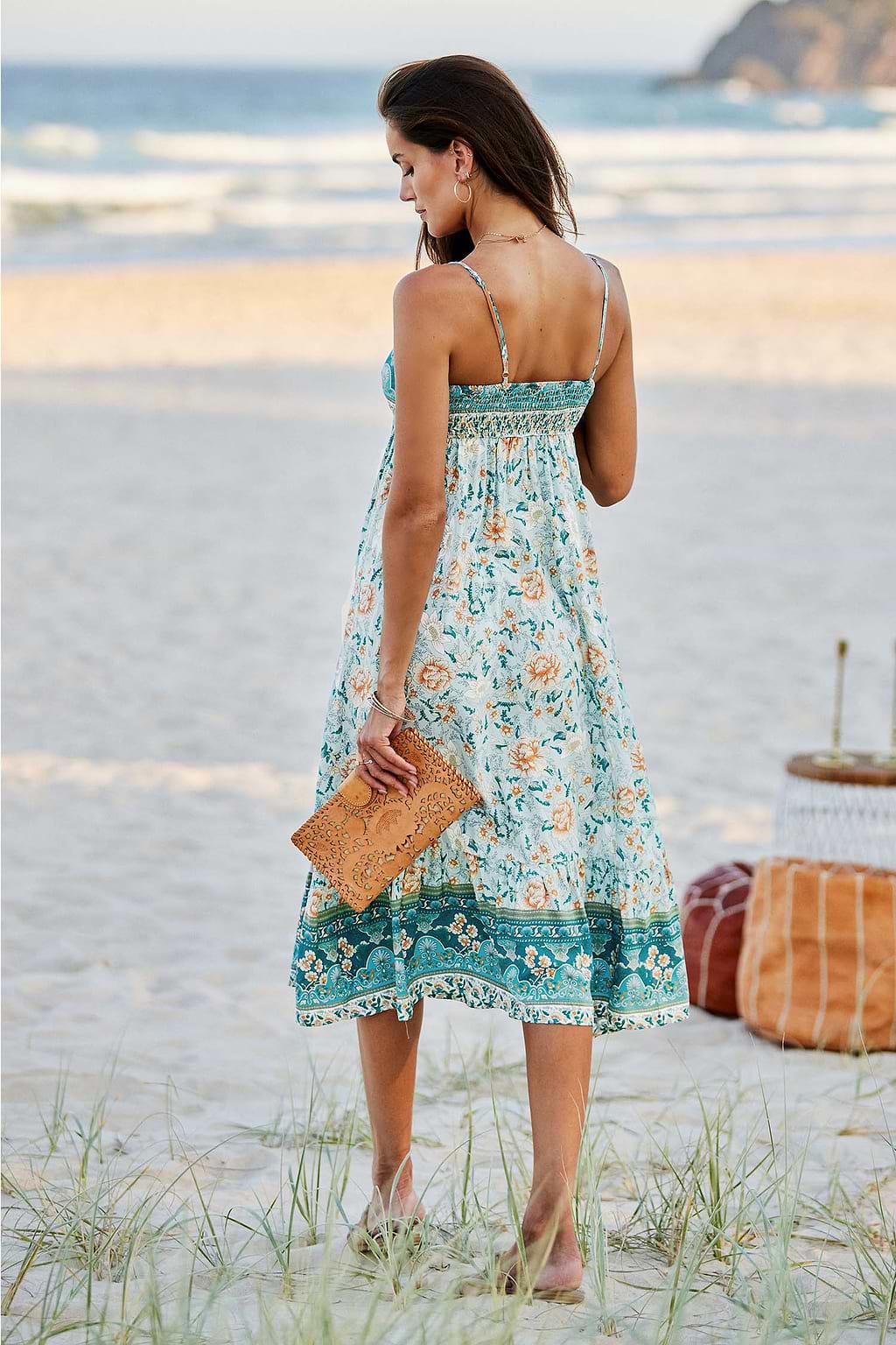Teal & Blue Square Neck Boho Maxi Dress
