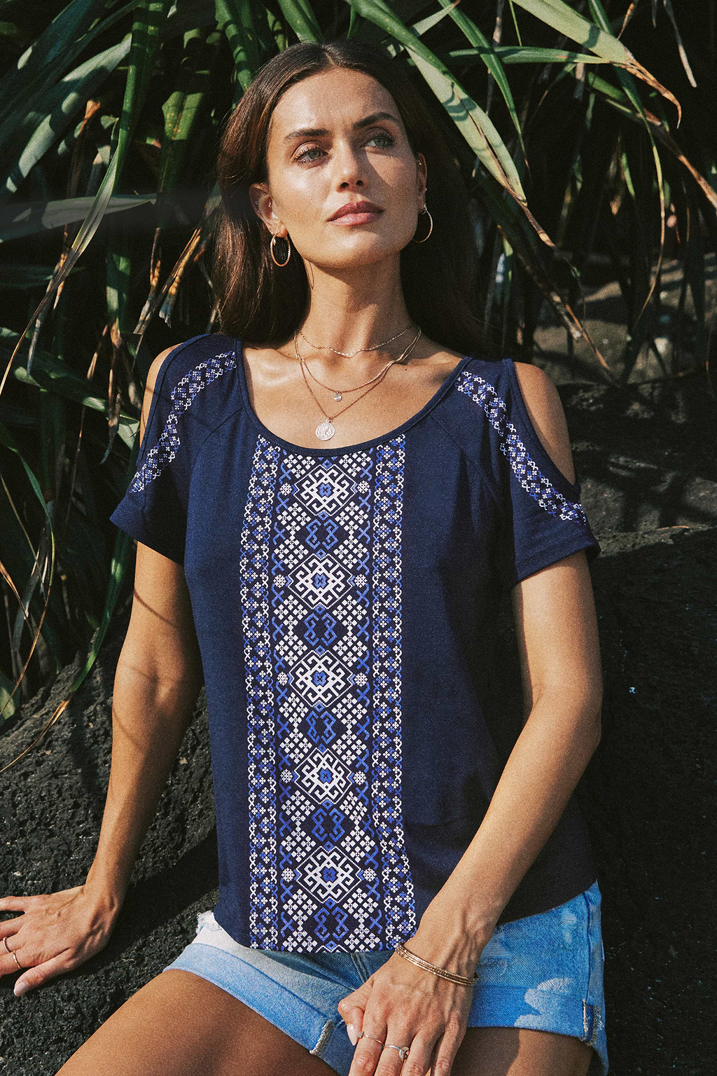 Navy Scoop Neck Short Sleeve Boho Top