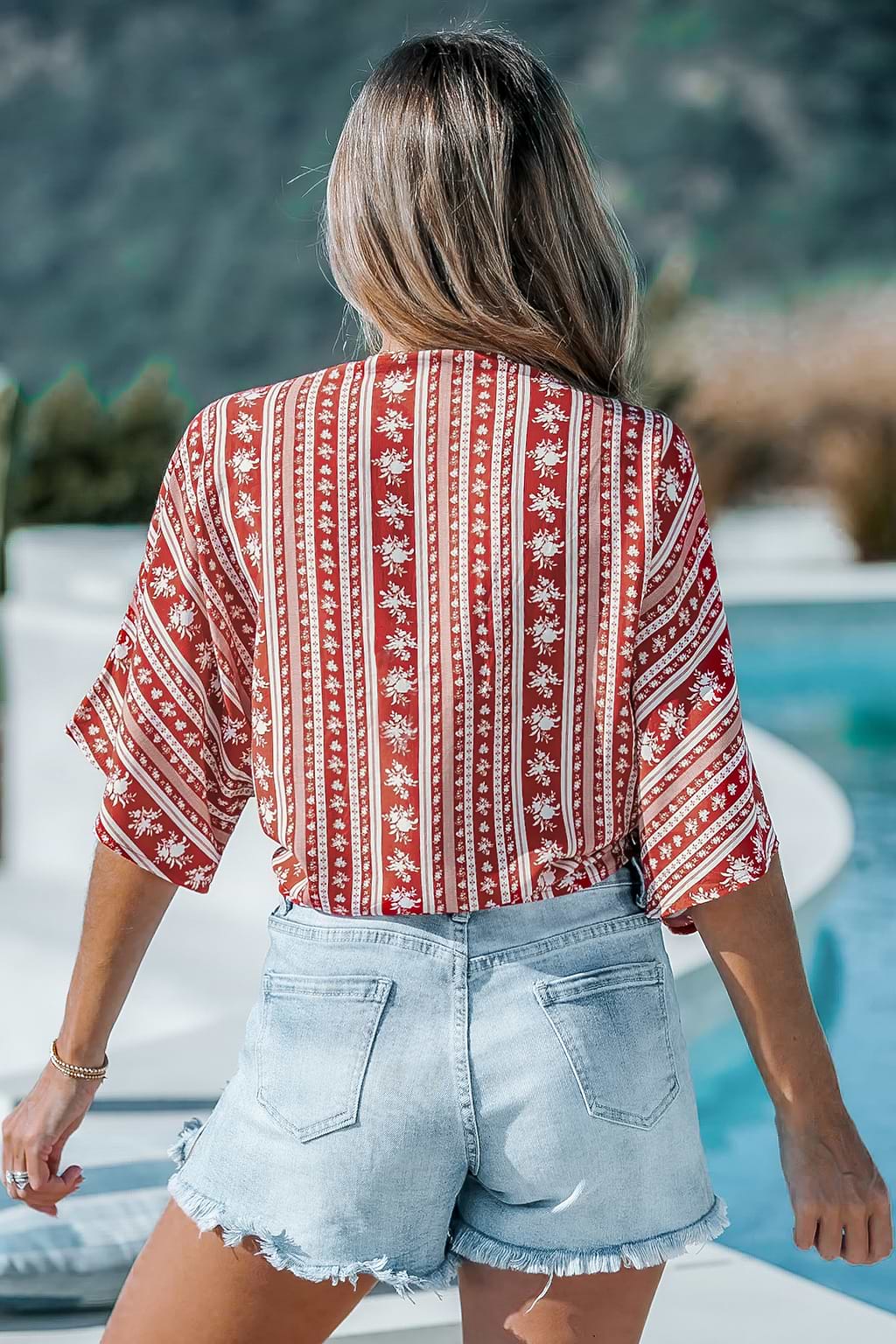 Red Open Front Tie-Waist Boho Cover-Up Top