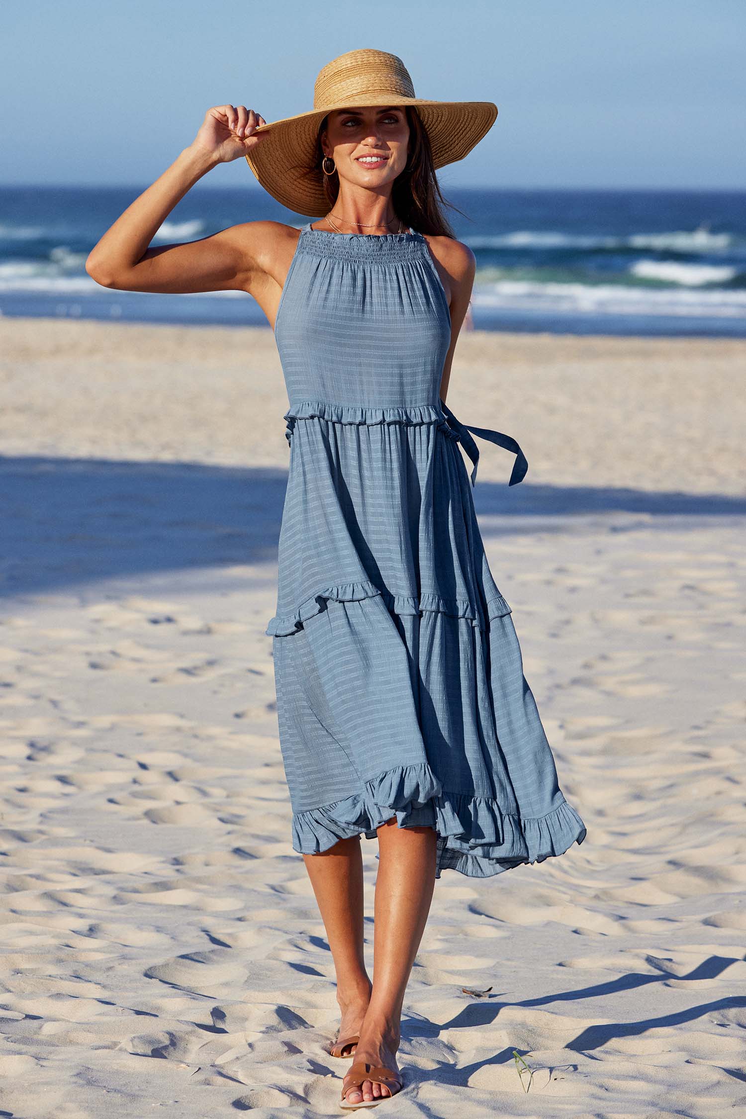 Slate Smocked & Ruffled High Neck Maxi Dress