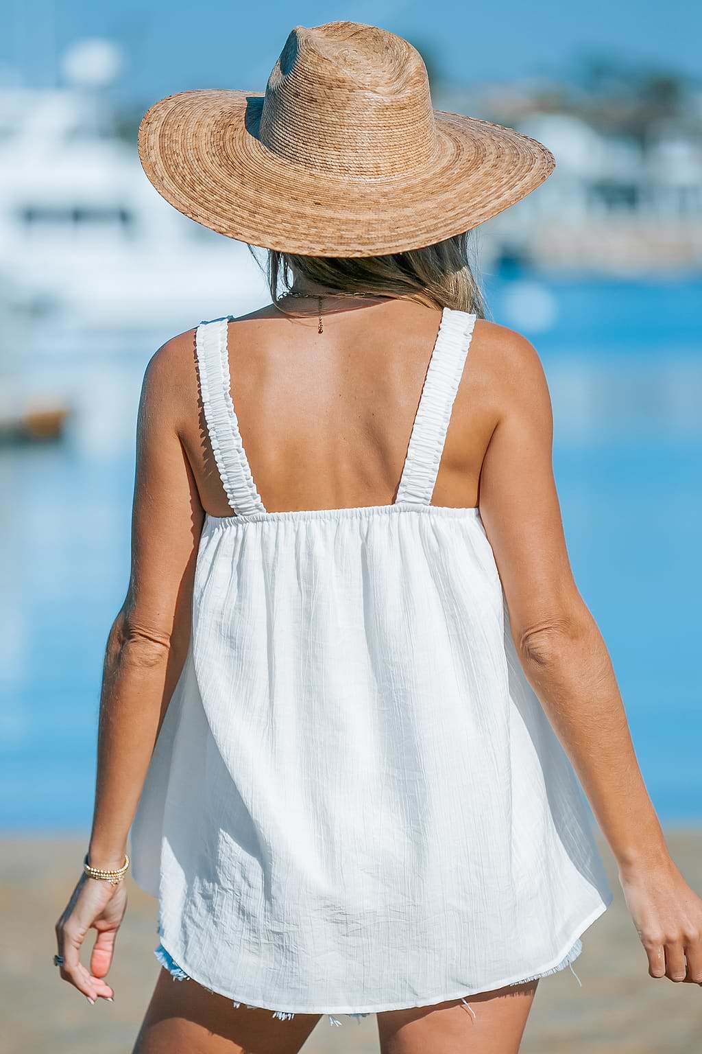 Antique White Ruched Shoulder Sleeveless Top