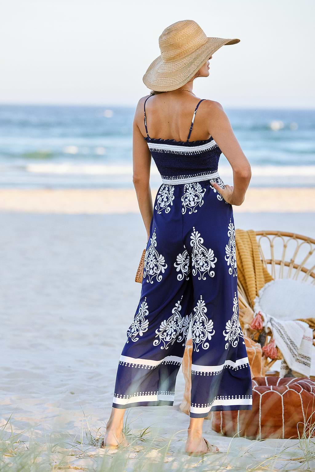 Marineblauer & Weißer Jumpsuit mit weitem Bein