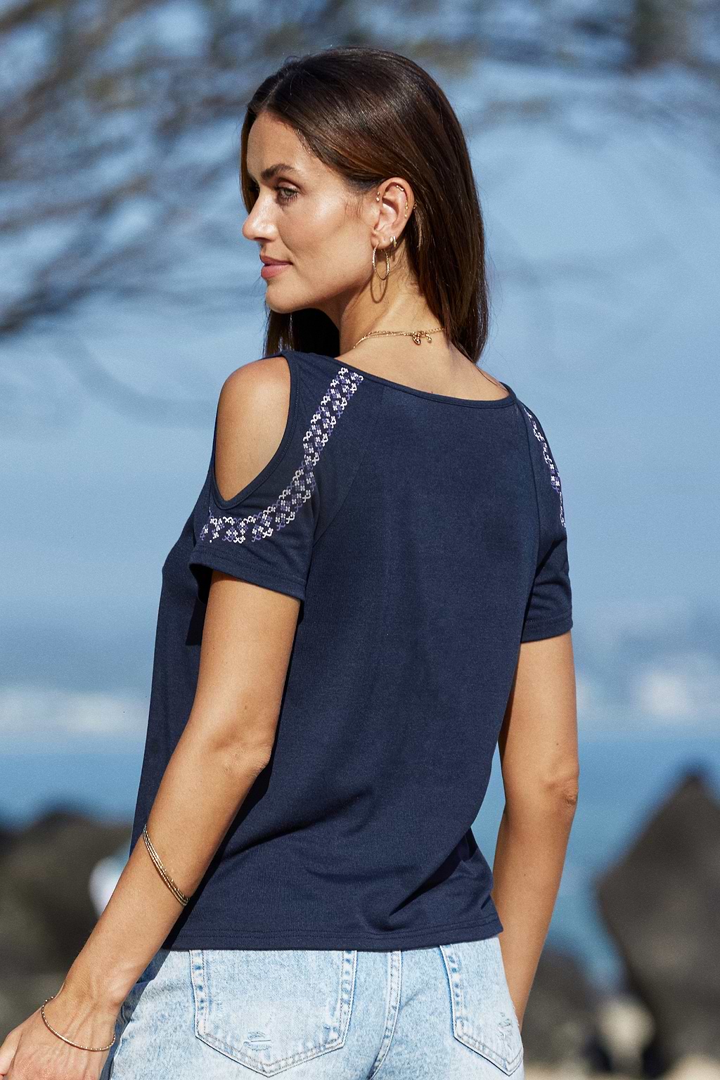 Navy Scoop Neck Short Sleeve Boho Top