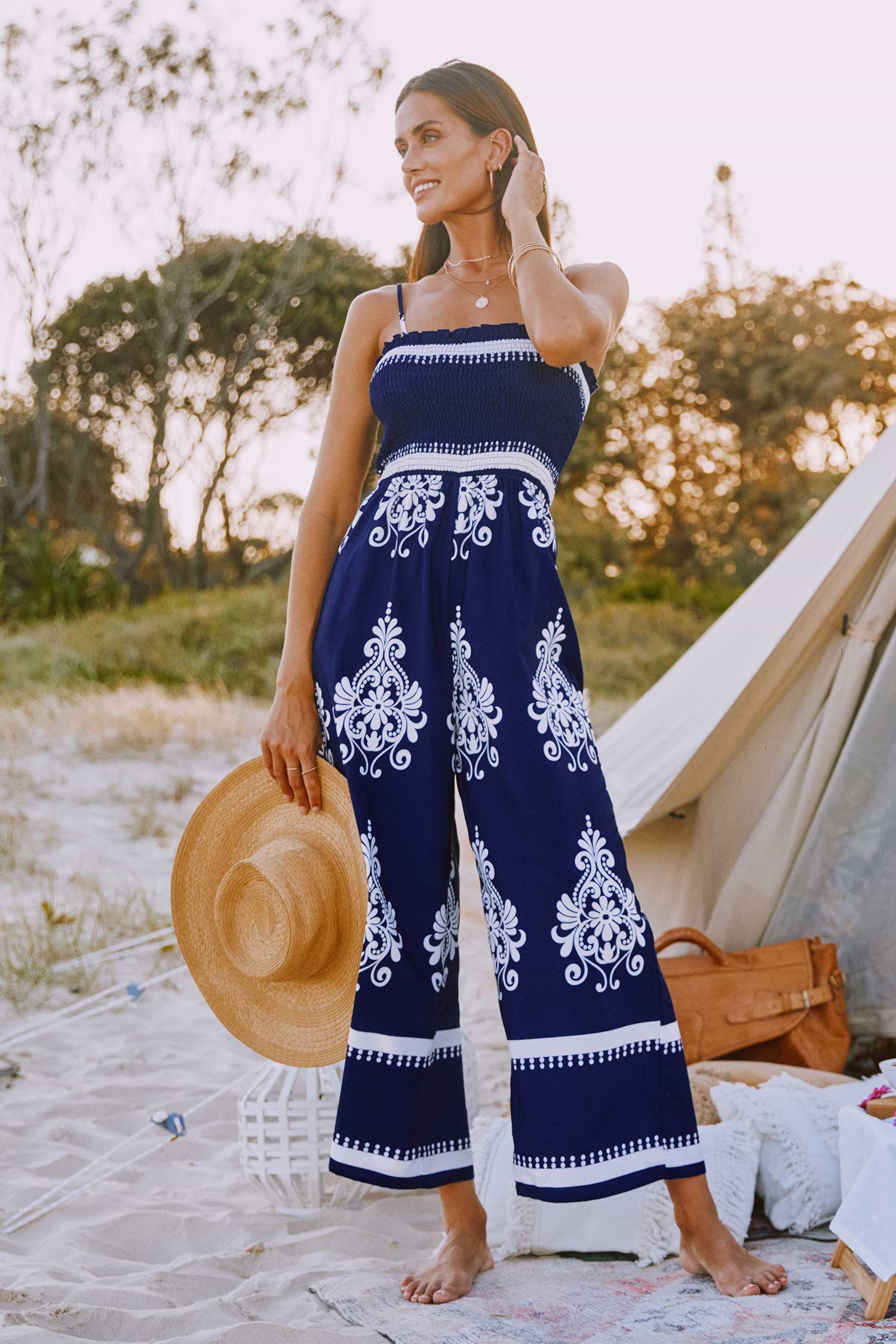 Navy & White Smocked Bodice Wide Leg Jumpsuit