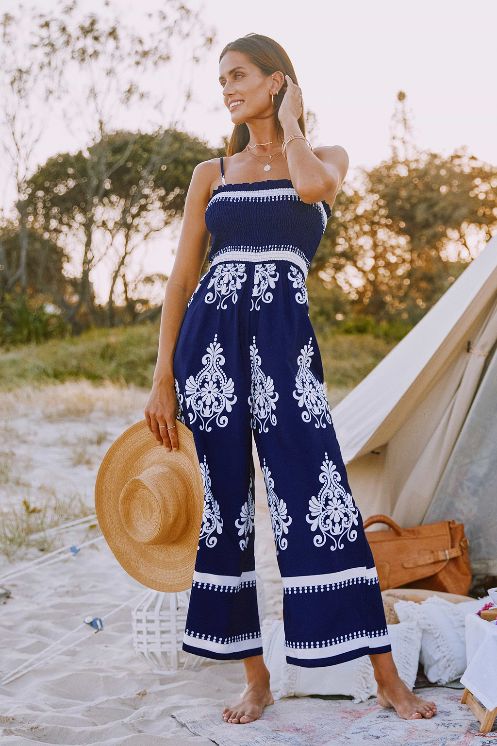 Marineblauer & Weißer Jumpsuit mit weitem Bein
