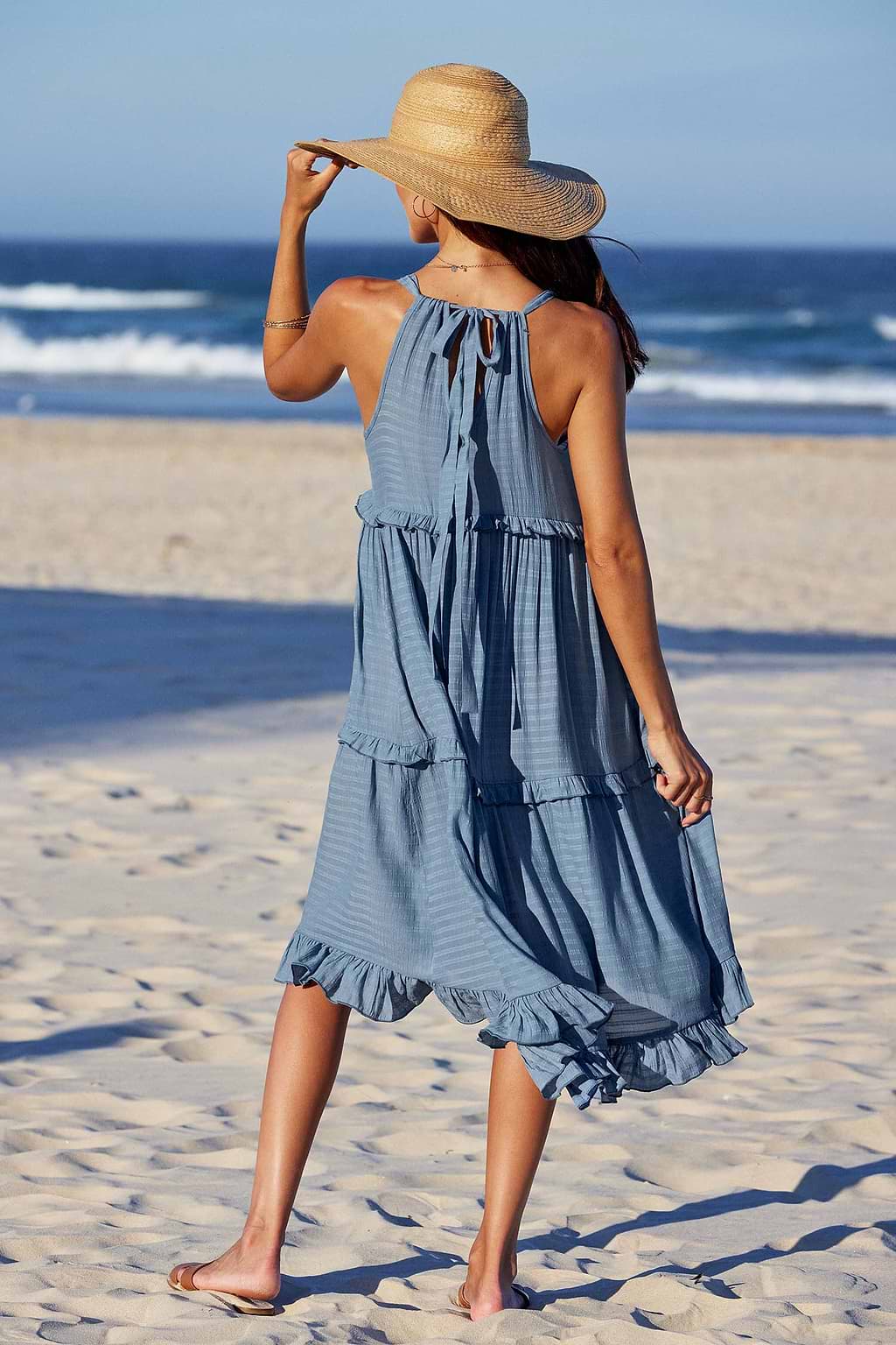 Slate Smocked & Ruffled High Neck Maxi Dress