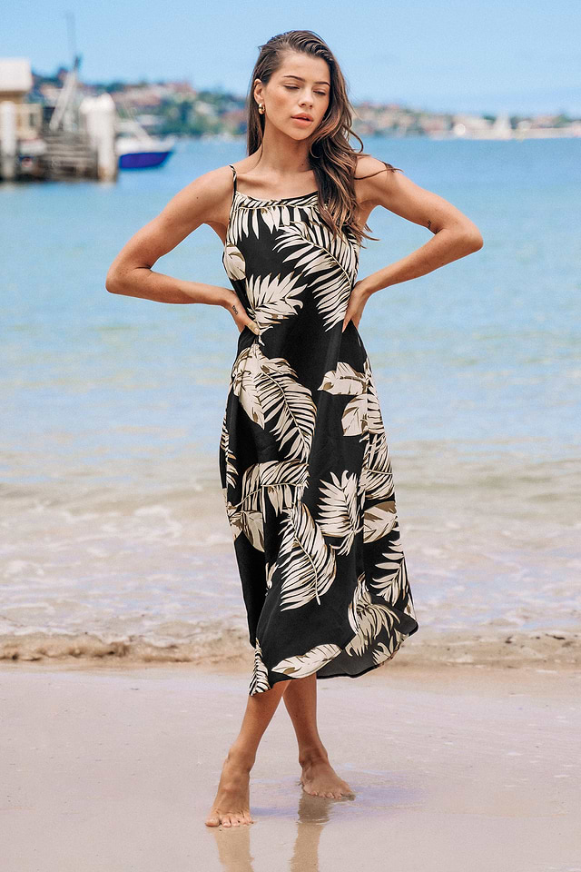 Palm Leaves Sleeveless Midi Dress