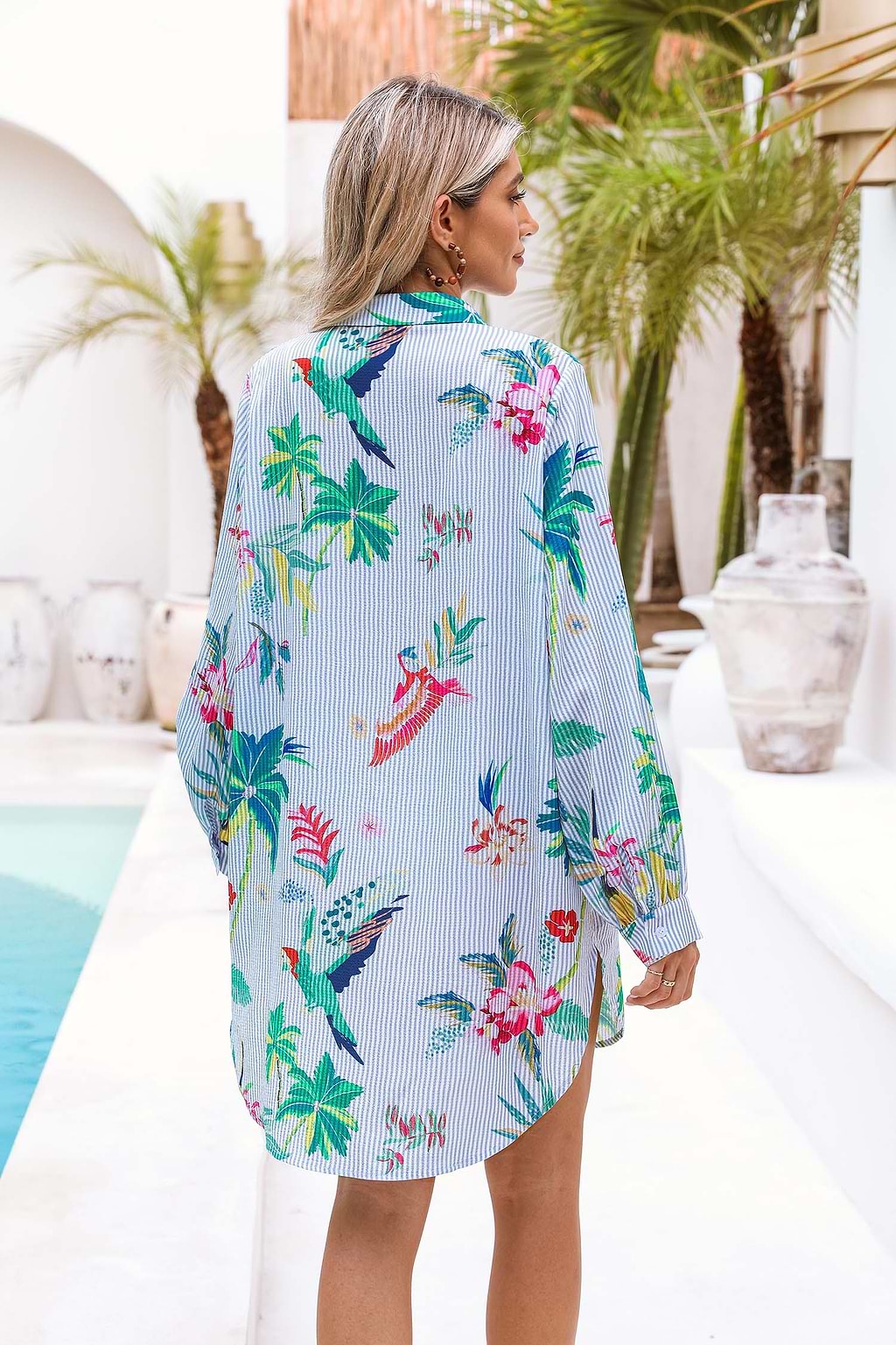 Striped Tropical Bird Cover-Up Shirt Dress