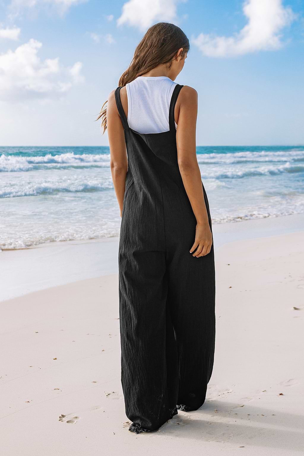 Combinaison en pur coton à jambes larges et poches plaquées noire