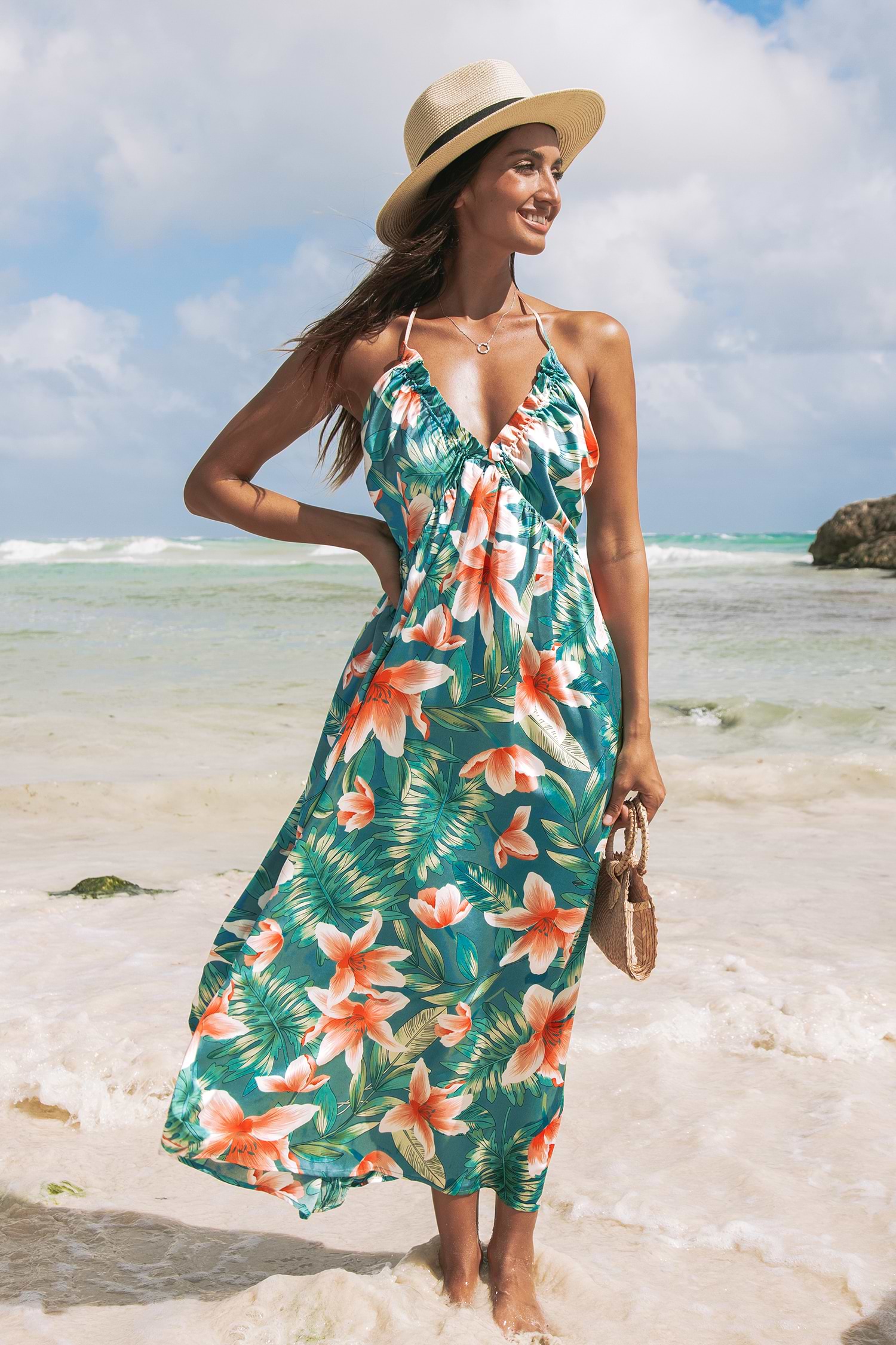 Tropical Floral Sleeveless Halter Maxi Dress
