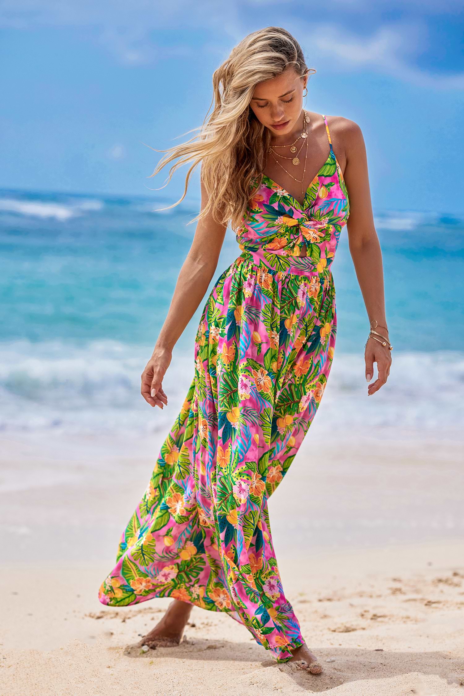 Tropical Floral Twist & Keyhole Maxi Dress