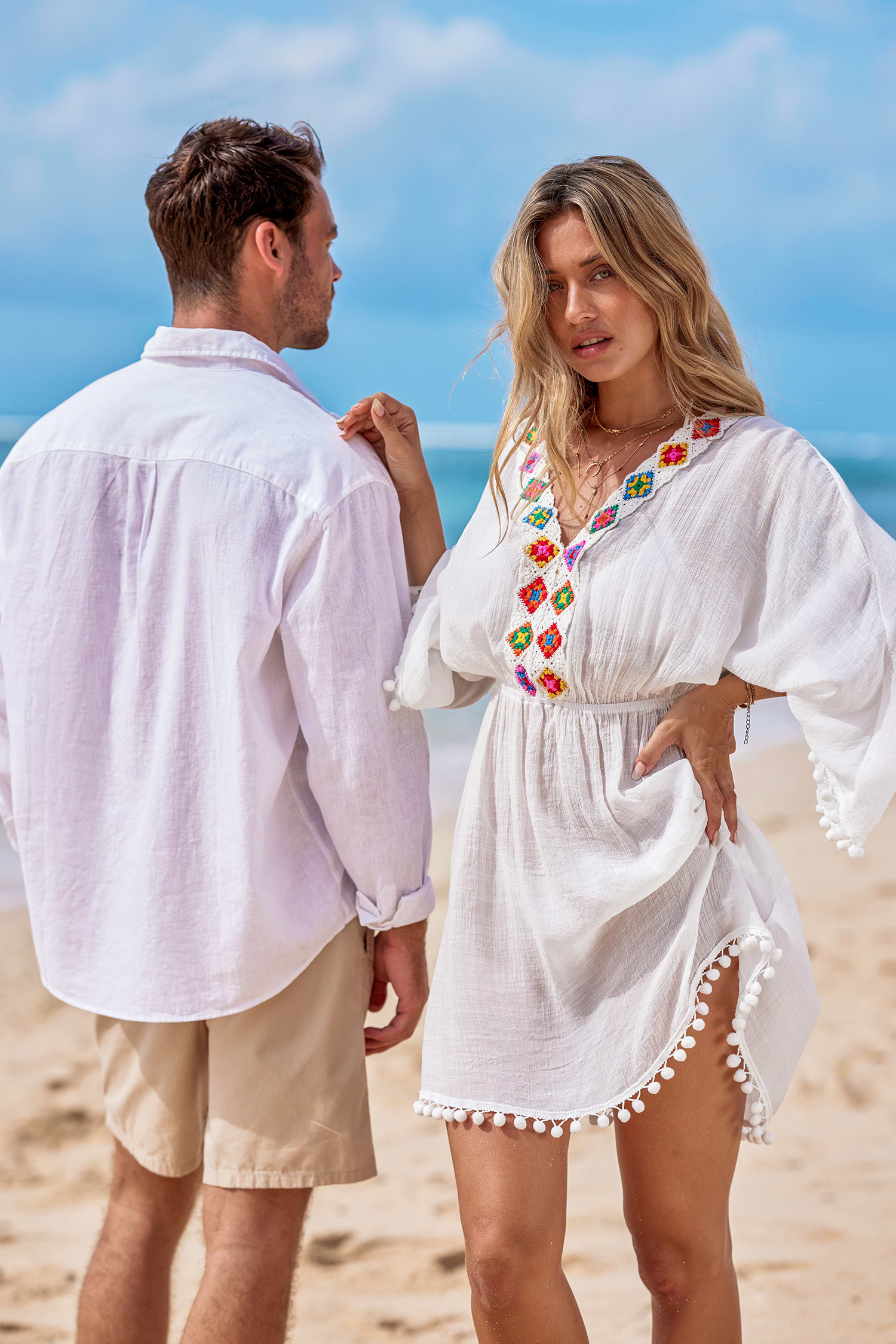 リラックス★Cupshe ボタニカル カバーアップ ショートパンツ Crochet & Pom-Pom Dolman Sleeve Cover-Up