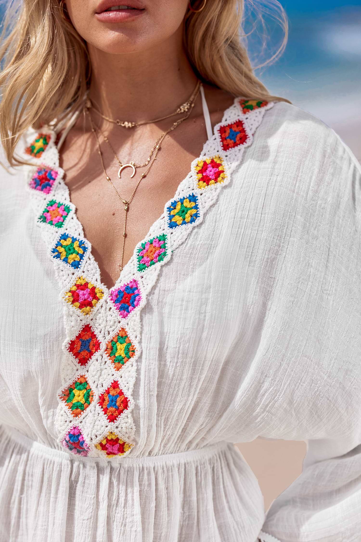 Crochet & Pom-Pom Dolman Sleeve Cover-Up