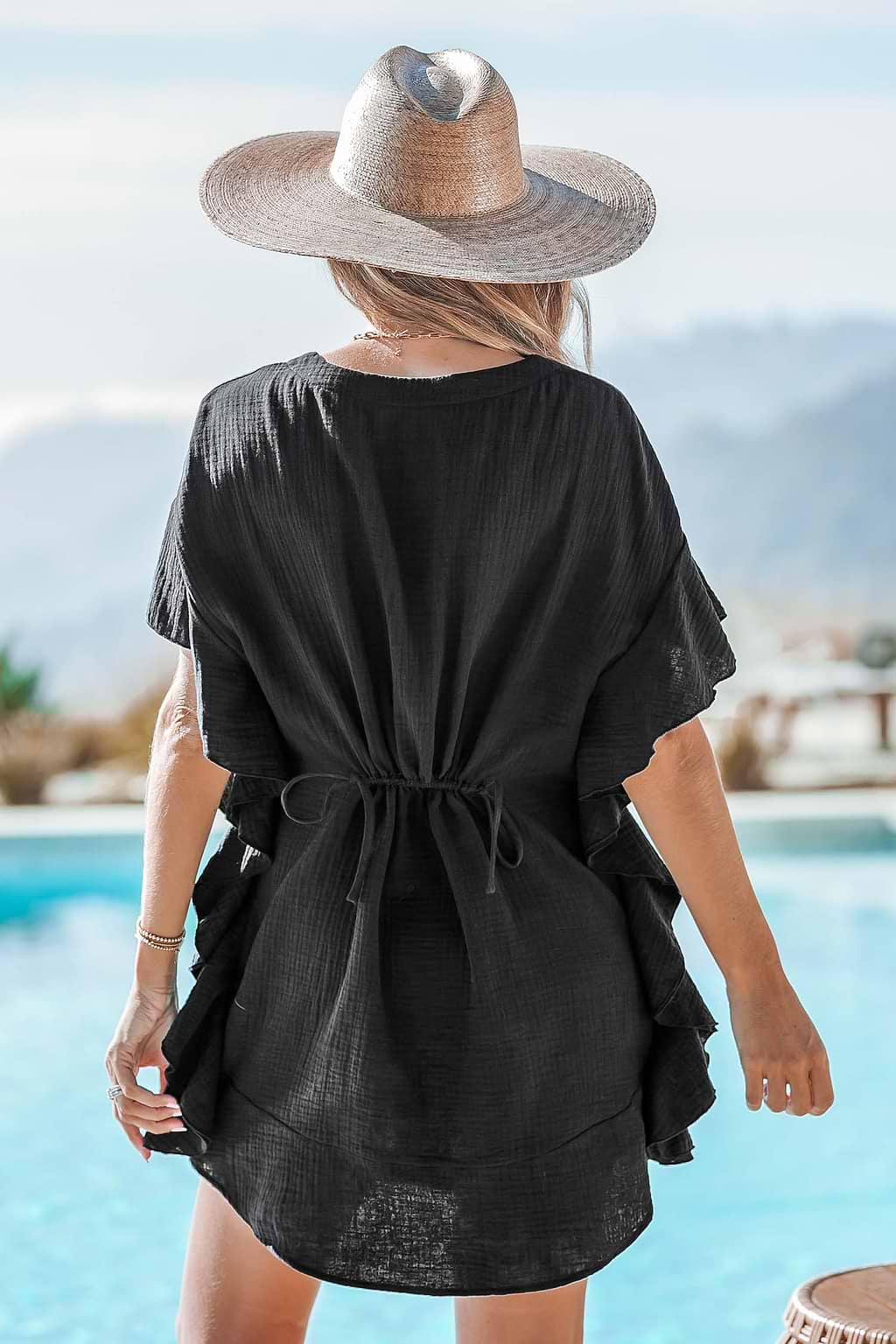 Black Ruffled Dolman Sleeve Mini Dress