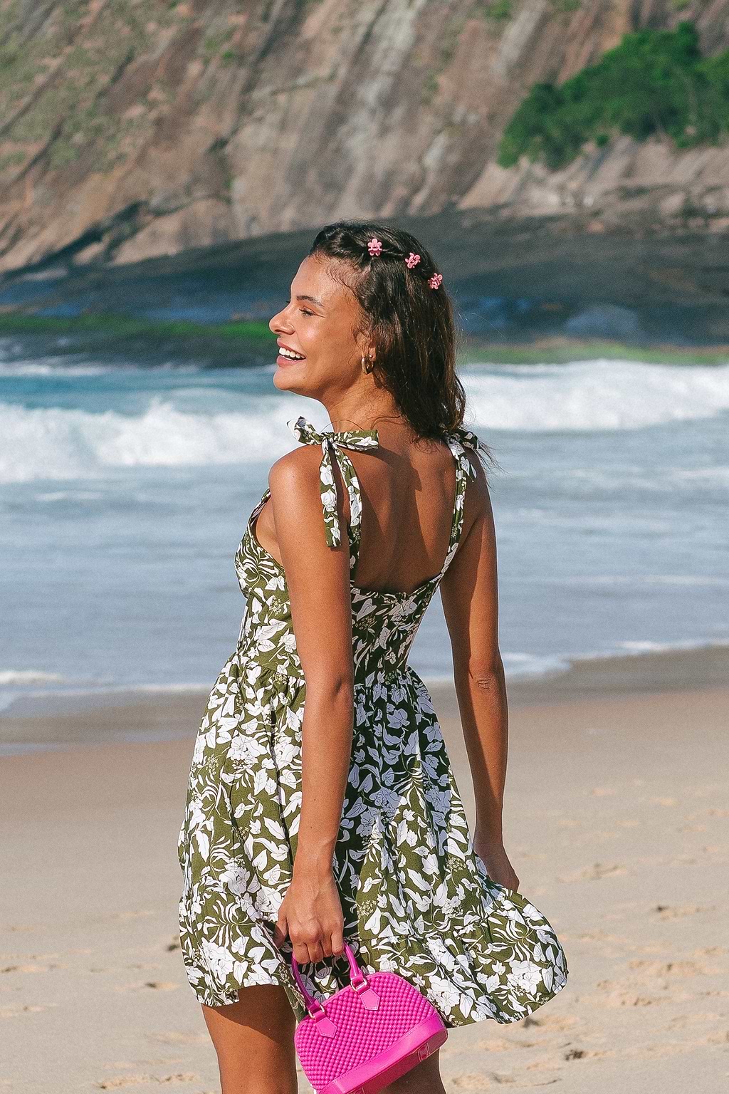 Olive & White Floral Tie-Shoulder Mini Dress