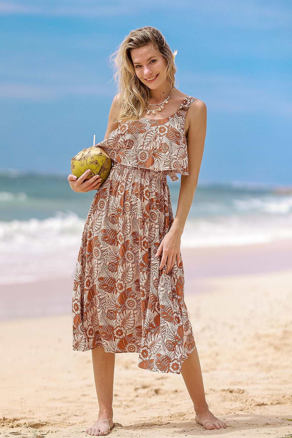 Robe maxi avec corsage à volants orange brûlé