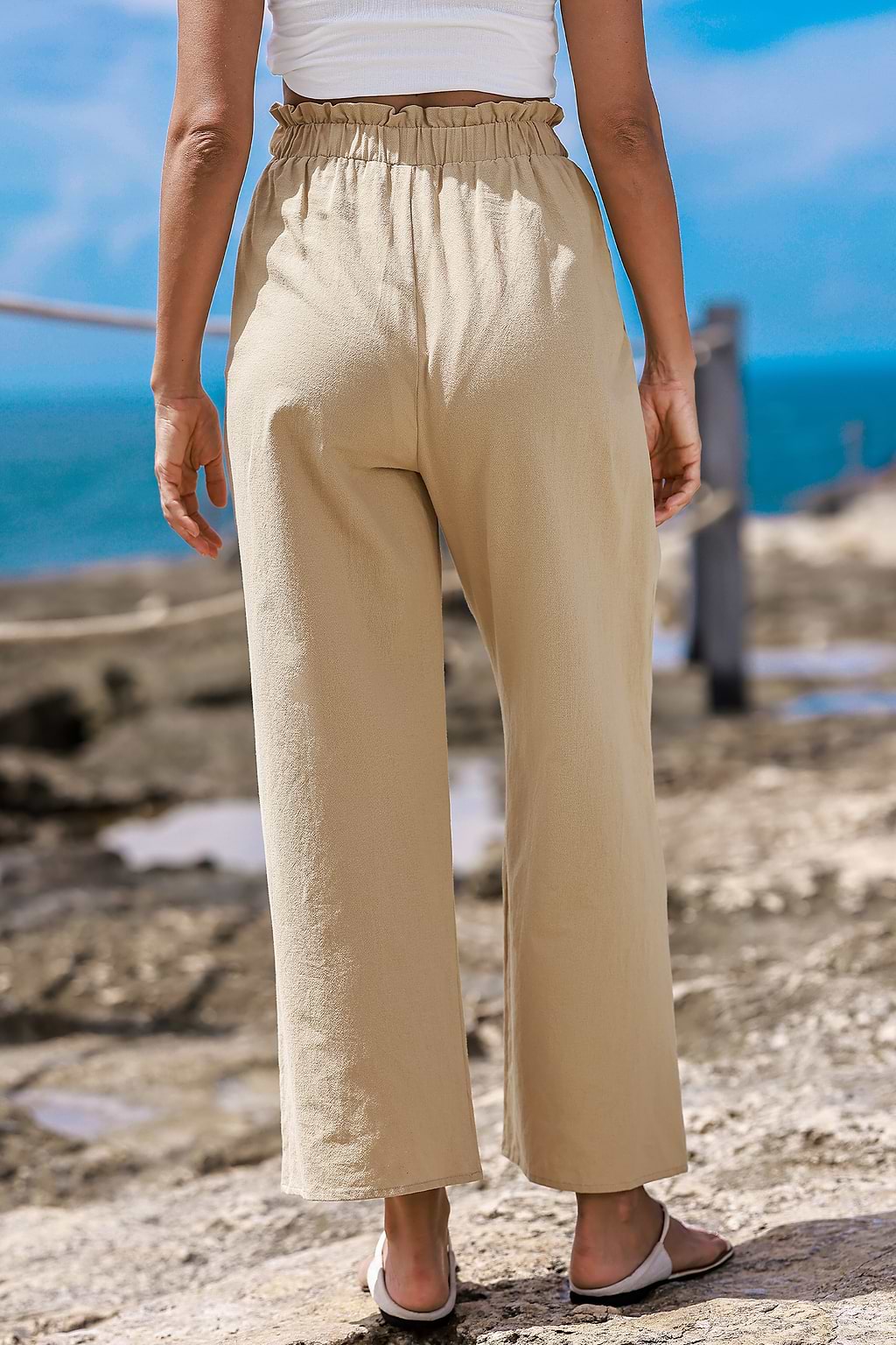 Khaki Paperbag Waist Wide Leg Pants
