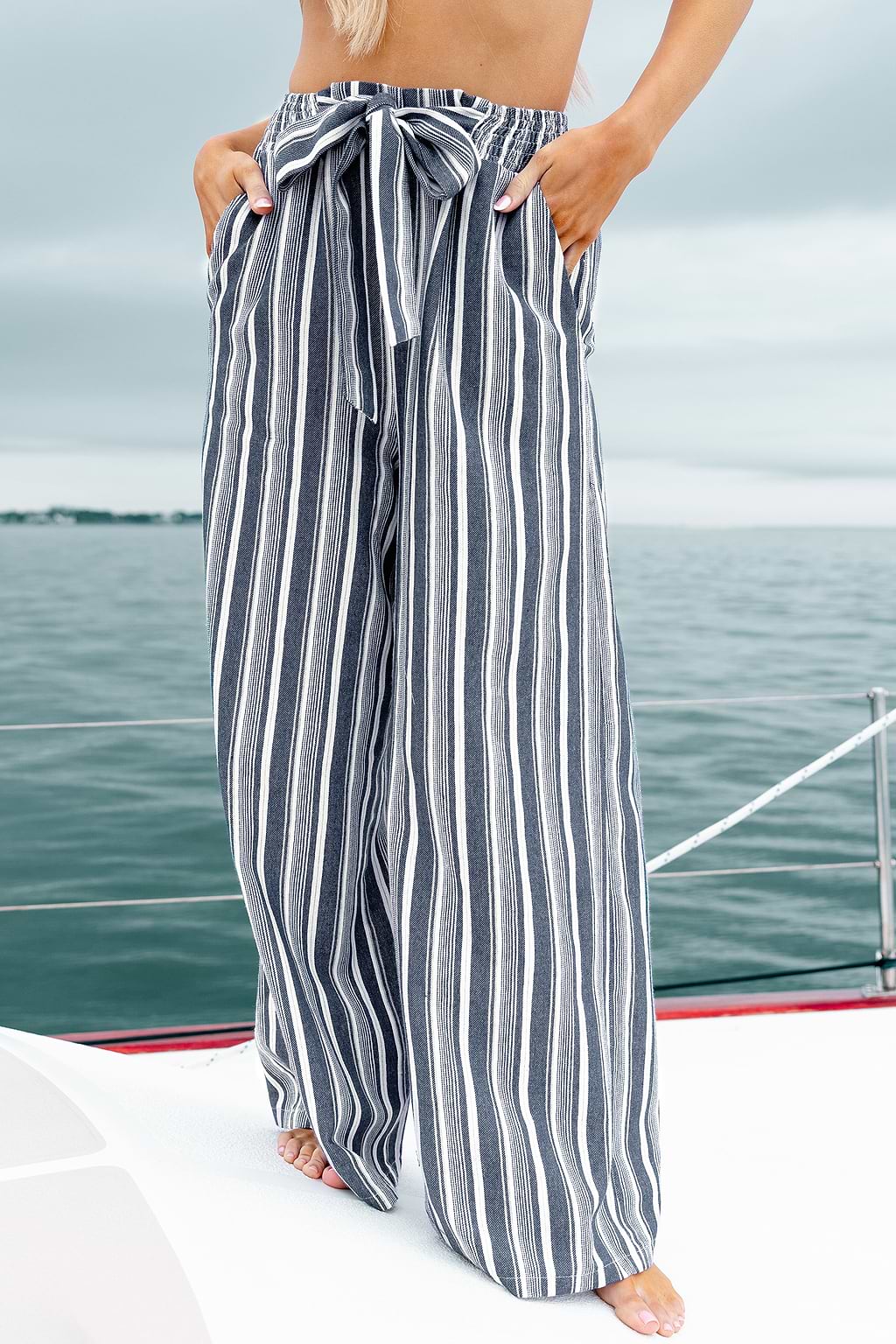 Striped Tie Waist Wide Leg Pants