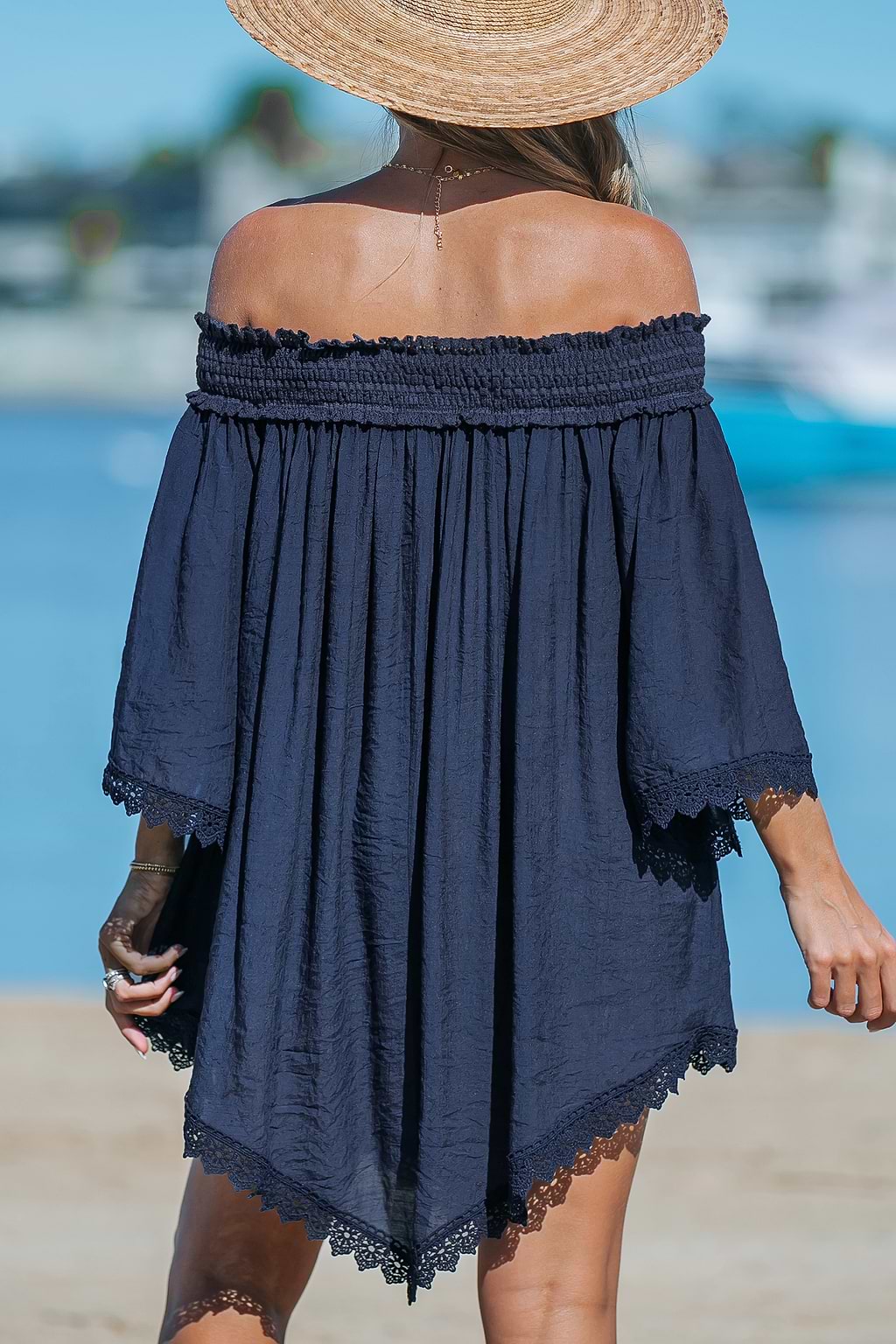 Navy Off Shoulder Asymmetrical Hem Cover-Up Dress