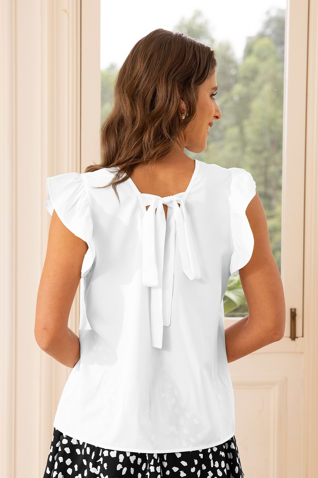 White Flutter Sleeve Back Tie Blouse