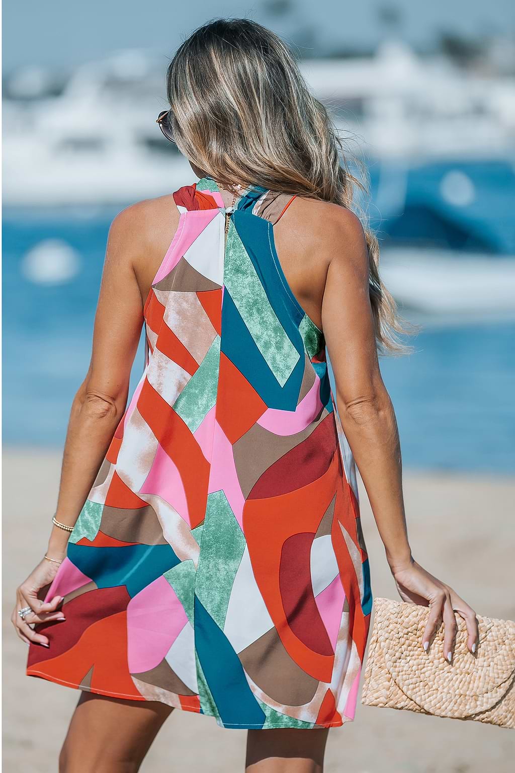 Geo Cross Over Neck Sleeveless Mini Dress