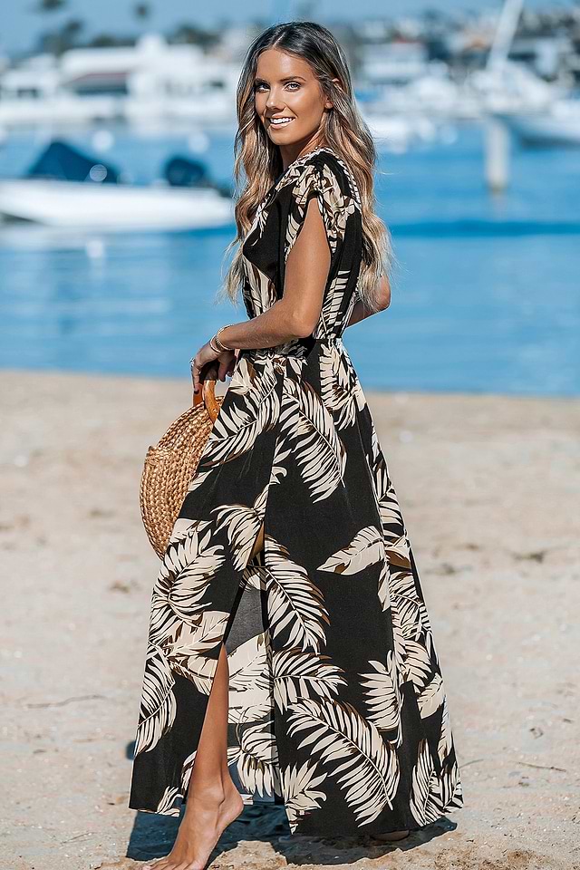 Midnight Palm V-Neck Maxi Dress