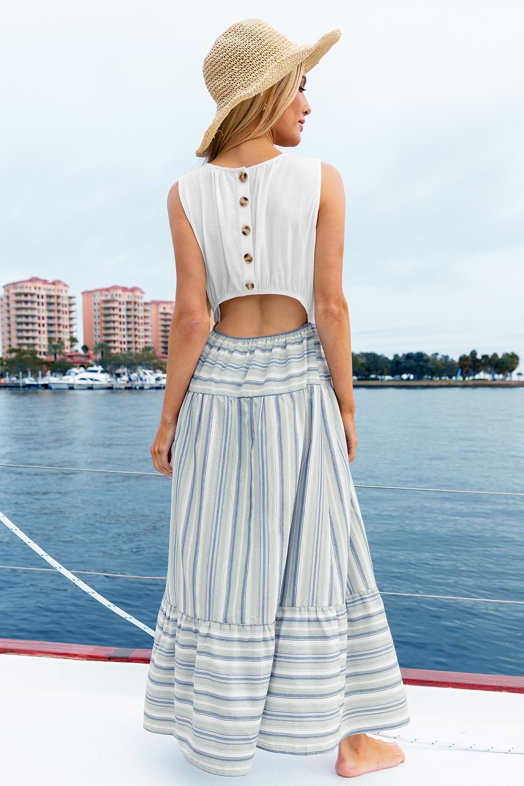 White Tank & Blue Striped Skirt Maxi Dress