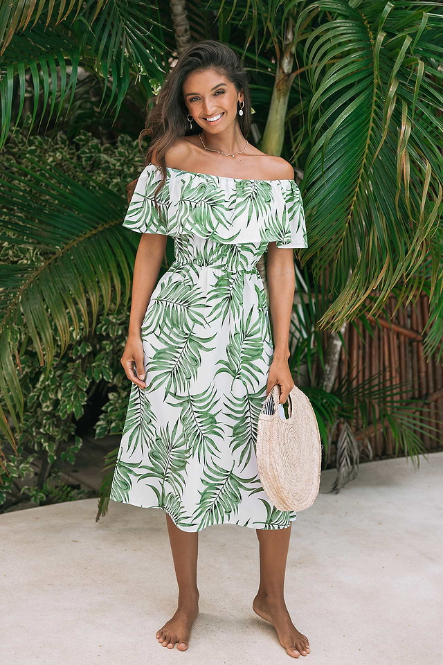 palm leaf bridesmaid dress Palm Leaf Off-Shoulder Flounce Bodice Maxi Dress
