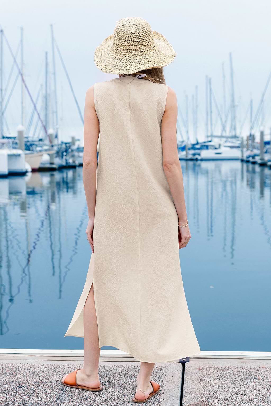 Abrikoos losse pasvorm midi-jurk met opgestikte zak