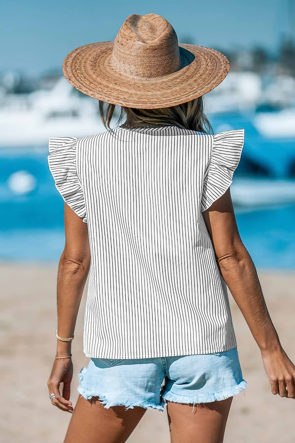 Striped Flutter Sleeve Front Button Top