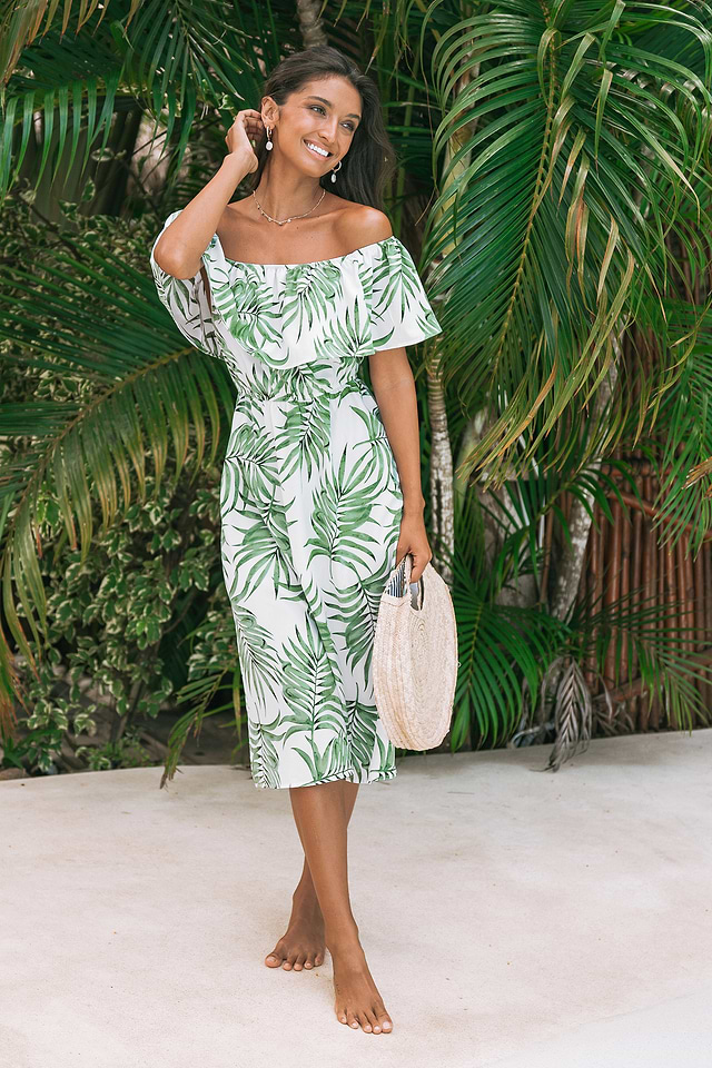 green and white palm leaf dress White Green Tropical Palm Leaves Midi Dress – JorJune