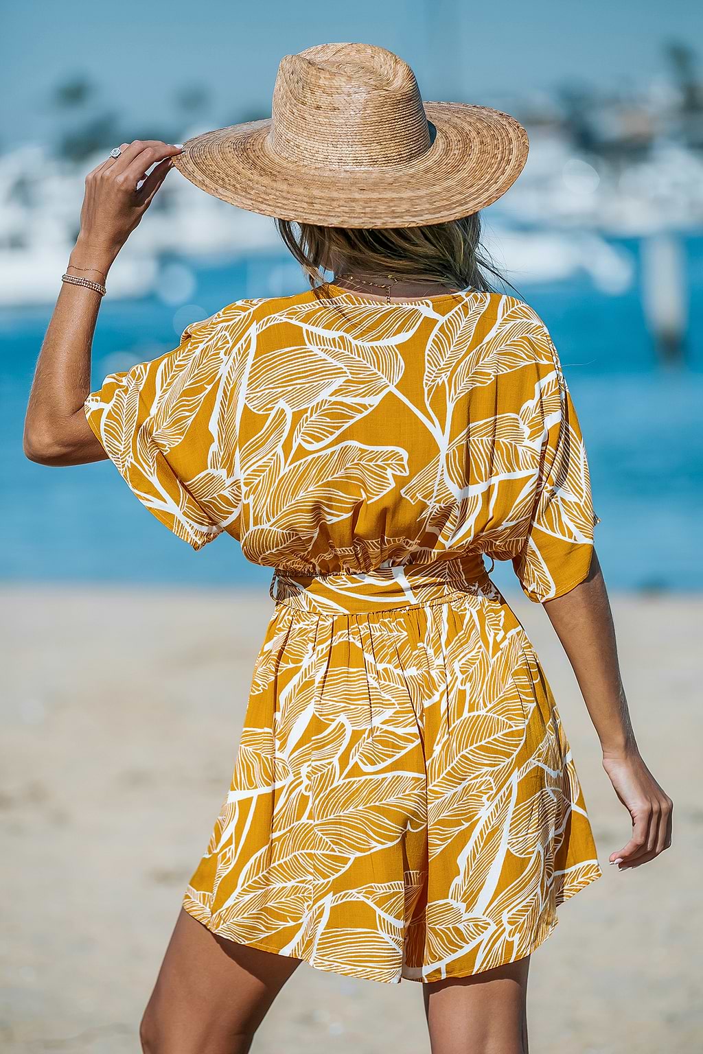 Yellow Palm Leaf Tie Waist Romper