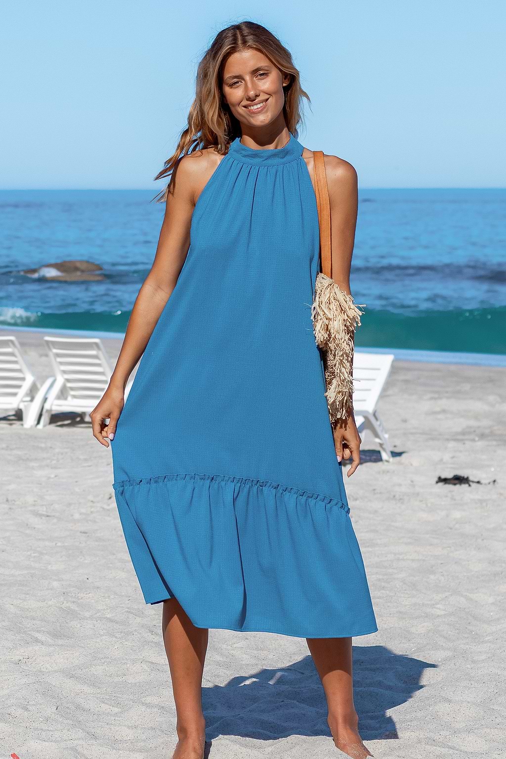 Sky Blue Halter Neck Sleeveless Maxi Dress
