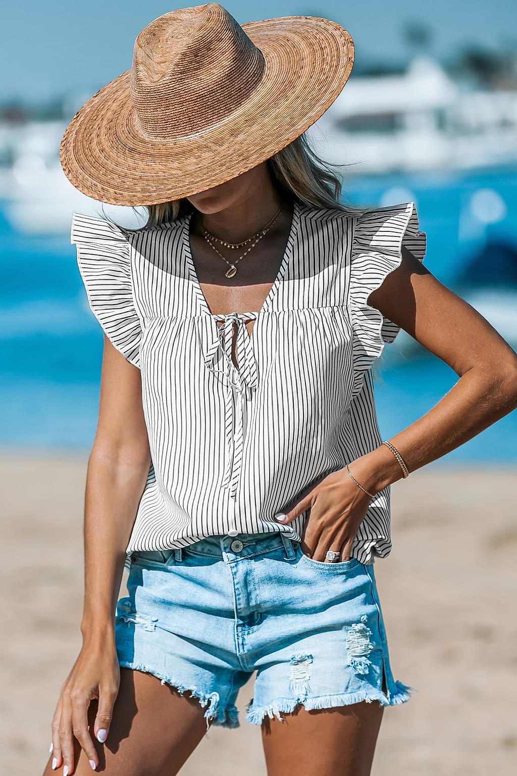 Striped Flutter Sleeve Front Button Top