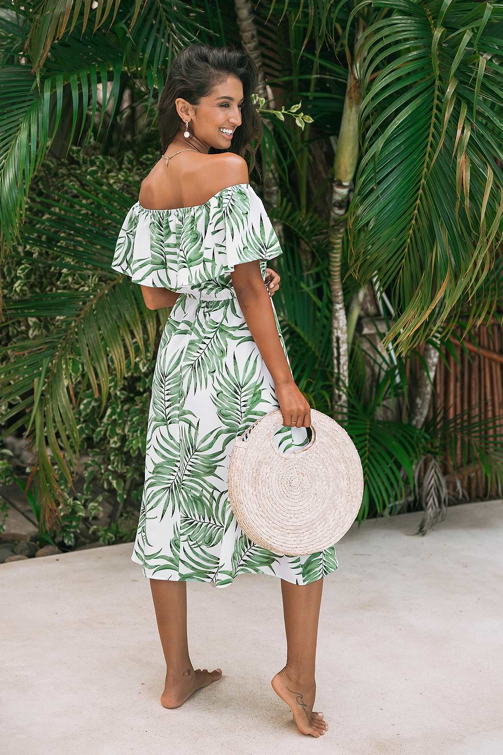 Palm Leaf Off-Shoulder Flounce Bodice Maxi Dress