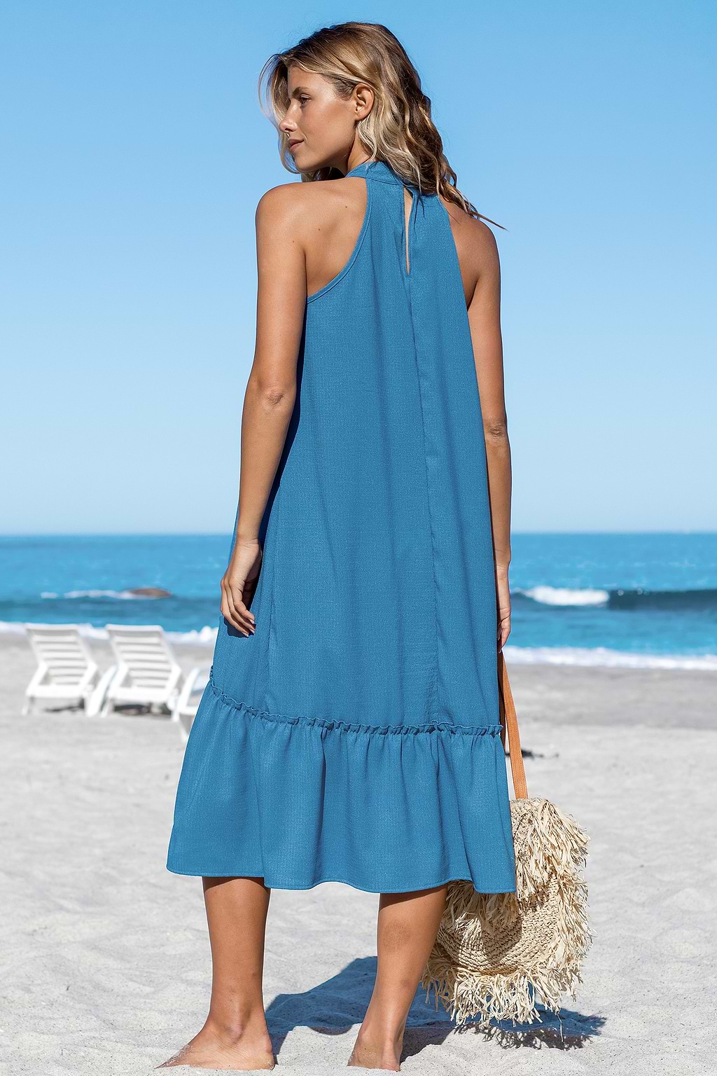Sky Blue Halter Neck Sleeveless Maxi Dress
