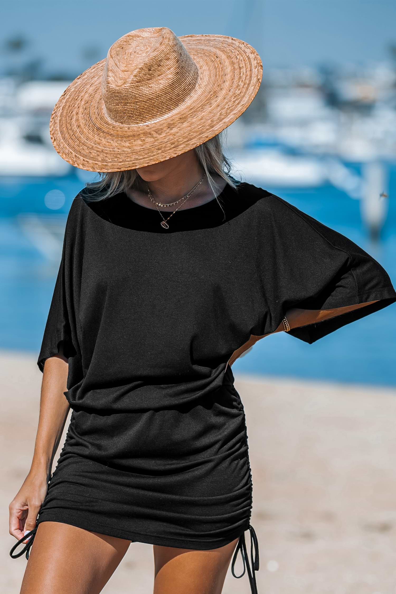 Black Dolman Sleeve Side Tie Jersey Mini Dress
