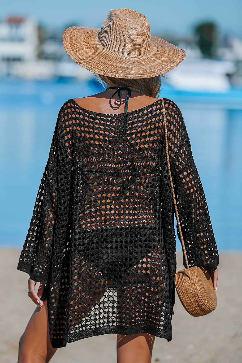 Oversized Boat Neck Cut-Out Black Cover-Up