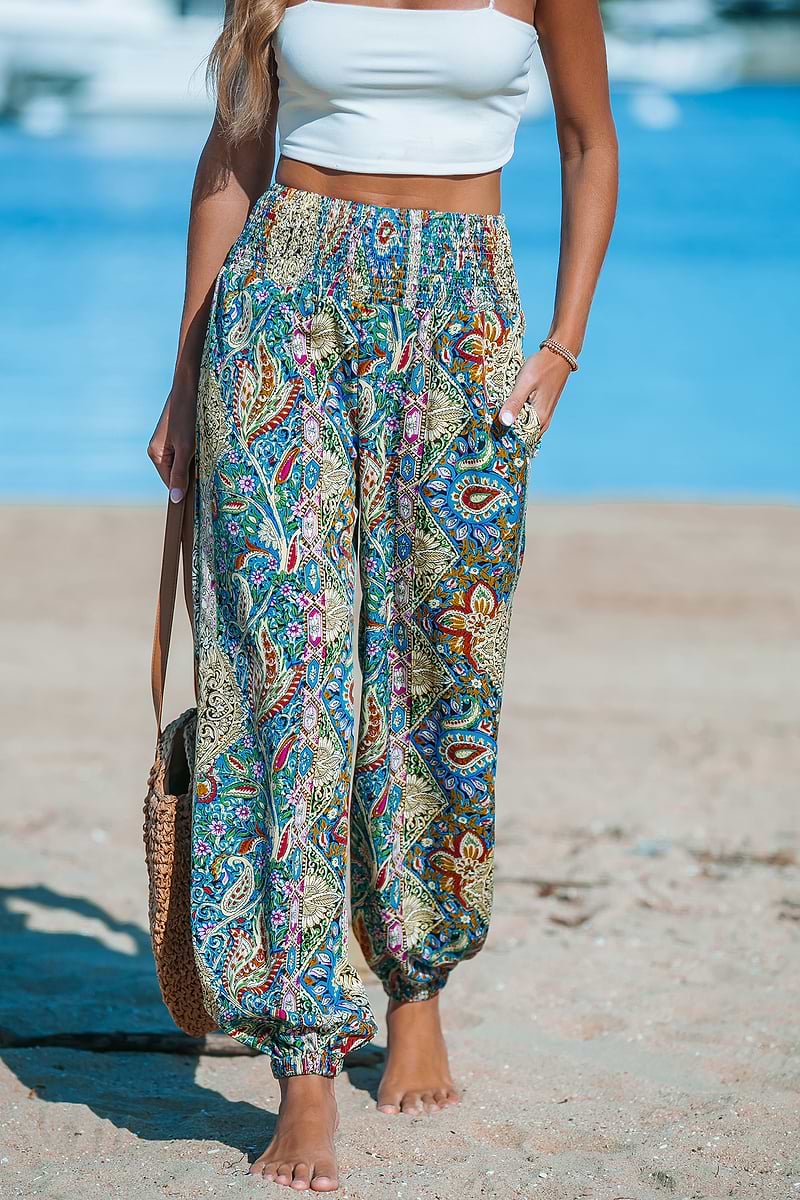 Paisley Smocked Waist Tapered Leg Cover-Up Trousers
