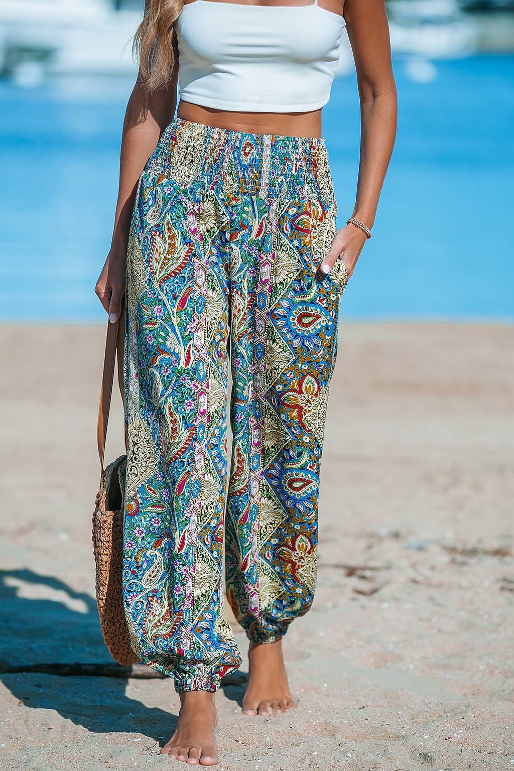 Paisley Smocked Waist Tapered Leg Cover-Up Trousers