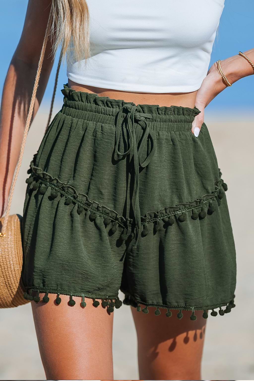 Olive Drawstring Pom-Pom Shorts