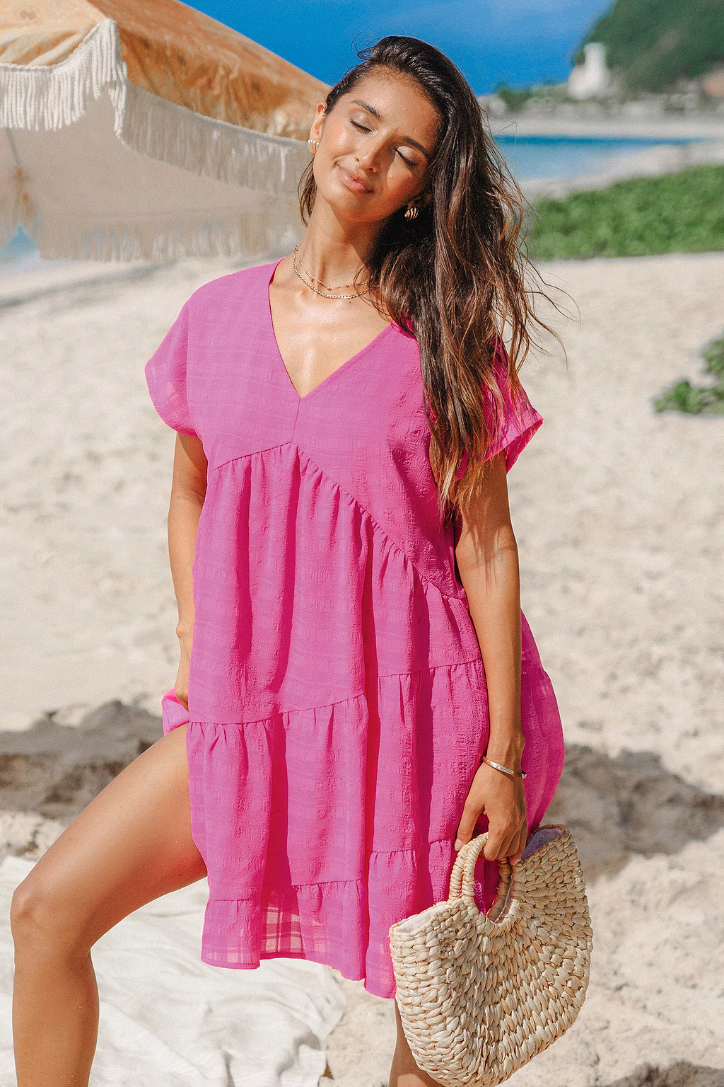 V-Neck Ruched Pink Dress